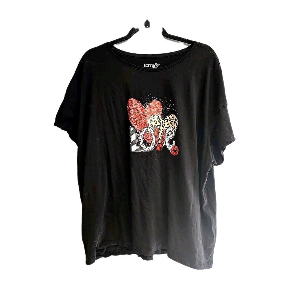 Terra & Sky Black Love Heart Graphic Crew‎ Neck Short Sleeve Top Womans Size 1X